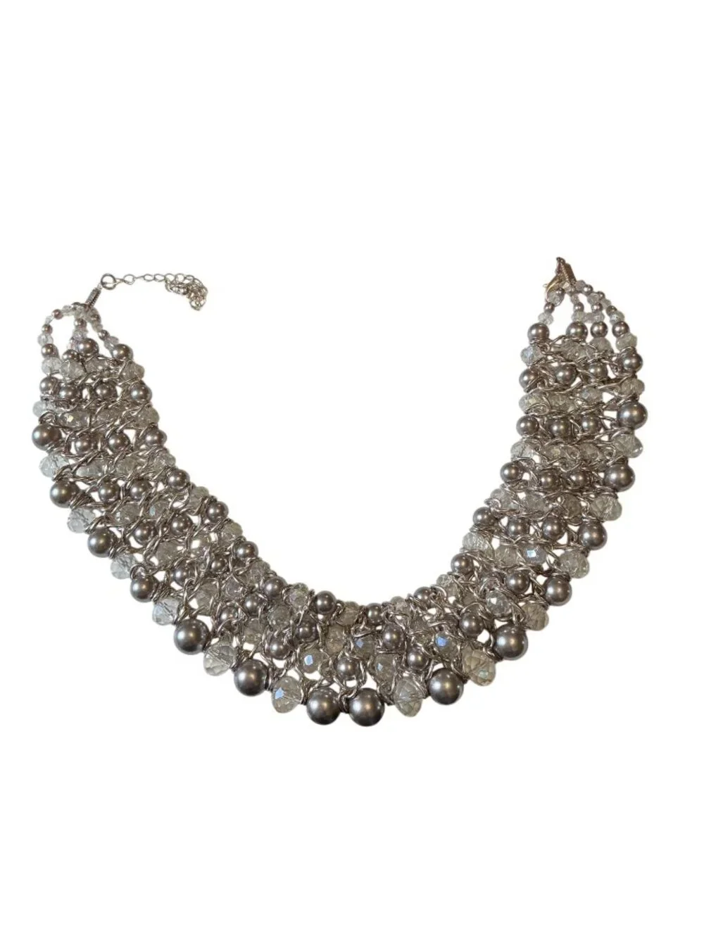 Chain Mail Bib Collar Necklace With Beads Silver-Tone Statement Jewelry